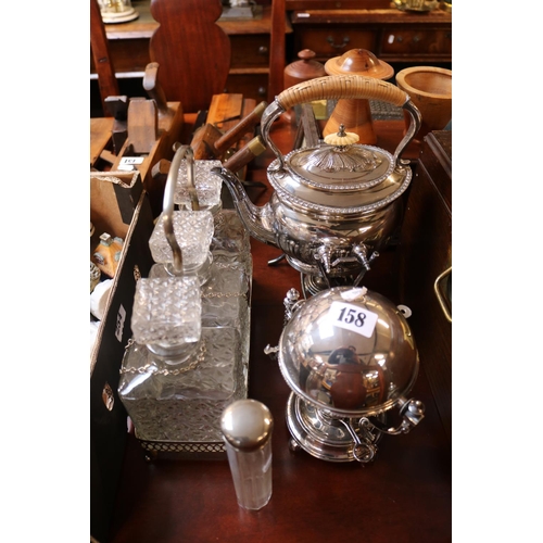 158 - 19thC Silver plated Spirit Kettle on stand, Chrome plated Tantalus, Silver plated Egg Coddler and a ... 