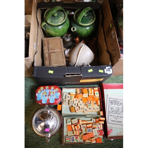 183 - Tray of Ceramics, Stamps, Mah Jong Set etc