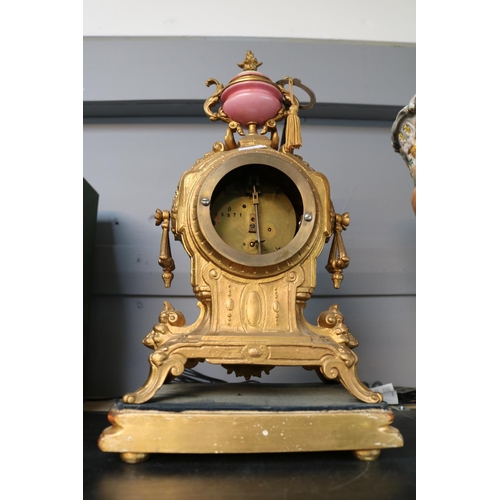 2 - Antique Sevres Style French Porcelain gilt mantel clock with painted roman numeral dial mounted on w... 