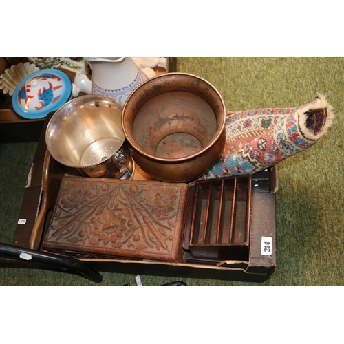 214 - Box of assorted Bygones to include Carved Box, Joseph Sankey & Sons Copper Jardinière etc