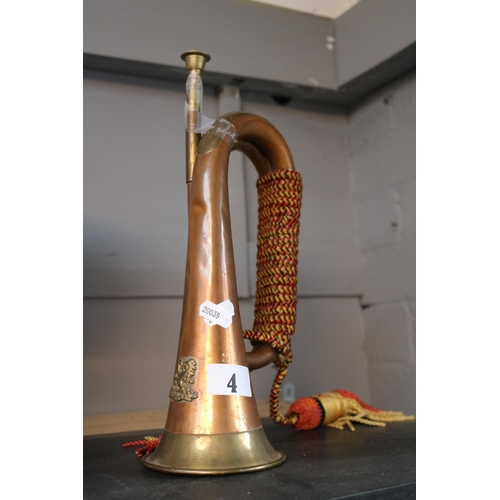 4 - Copper & Brass Bugle with applied brass Cap Badge Indian Kumaon. 31cm in Length