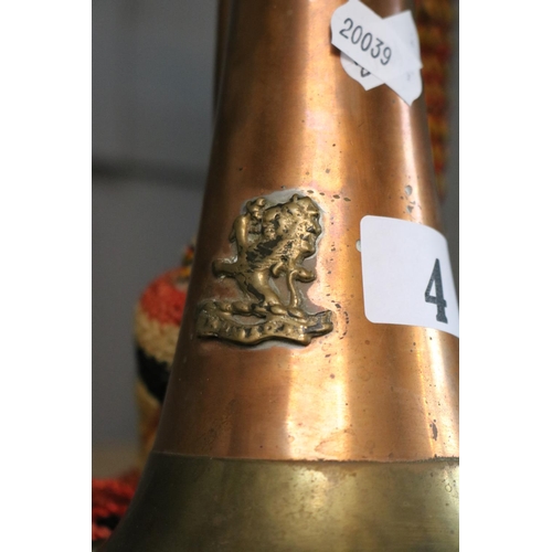 4 - Copper & Brass Bugle with applied brass Cap Badge Indian Kumaon. 31cm in Length