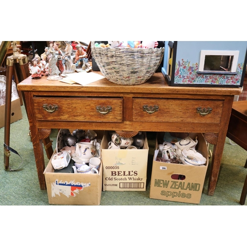 581 - 19thC Pitch Pine Dresser Base of 2 drawers with brass drop handles over tapering legs