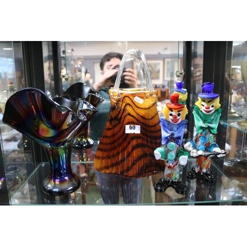 60 - Pair of Murano Glass Clowns, Glass Handbag design Vase and a Flared Vase