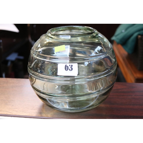 63 - Whitefriars Sea Green Glass Ribbon trailed Art Deco Glass Spherical vase designed by Barnaby Powell ... 