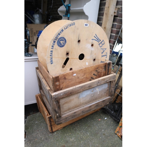 669 - Collection of Vintage Wooden boxes and a Cable Reel