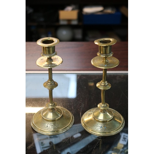 67 - Pair of Aesthetics movement Brass Candlesticks with inset Turquoise. 17cm in Height