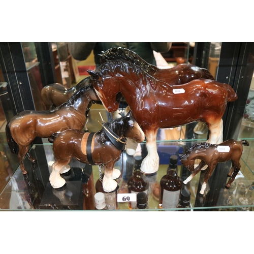 69 - Beswick horse and Foal and 2 Pottery Shire Horses