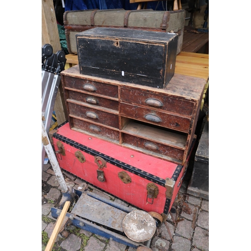 695 - Collection of Wooden Vintage Drawers and a Trunk