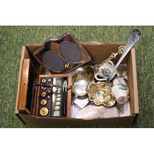 77 - Box of Bygones to include Cased sew of Chemical weights, Fluted Ladle, Shell Purse etc