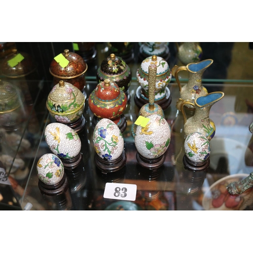 83 - Collection of Small Cloisonne lidded Ginger Jars and Eggs with wooden stands