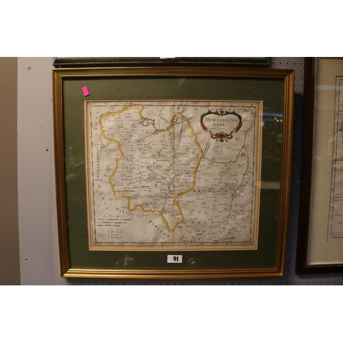 91 - Framed Hand Coloured Map of Huntingtonshire by Robert Morden sold by Abel Swale