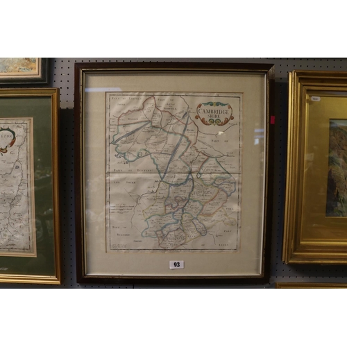 93 - Framed Map of Cambridgeshire retailed by Abel Swale hand coloured