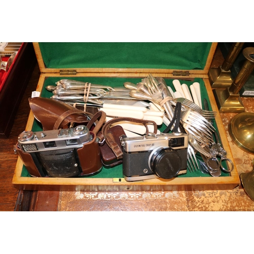 99 - COllection of Silver plated Flatware, Silver plated Grape Scissors, Olympus Trip 35 and a German Ret... 