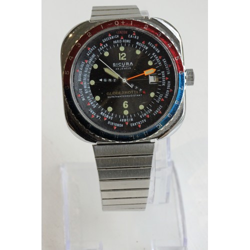 516 - 1974 SICURA Globetrotter 400m GMT World Time Swiss Vintage Watch. Extremely rare SICURA 'Globetrotte... 