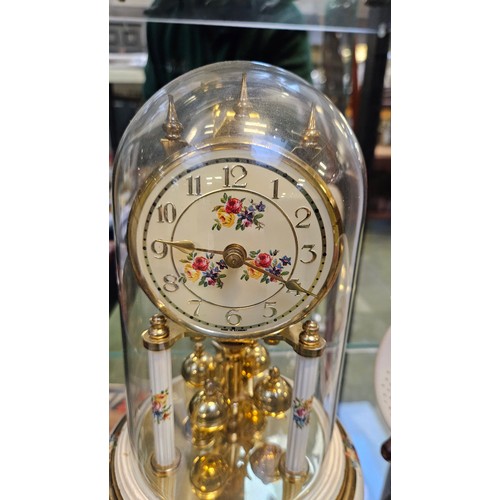 87 - German Floral decorated Anniversary clock under glass dome and a Moorcroft Cram ground floral dish