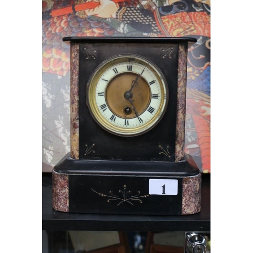 1 - Victorian Belgian Slate and Italian Marble mantel clock with roman numeral dial 24cm in Height