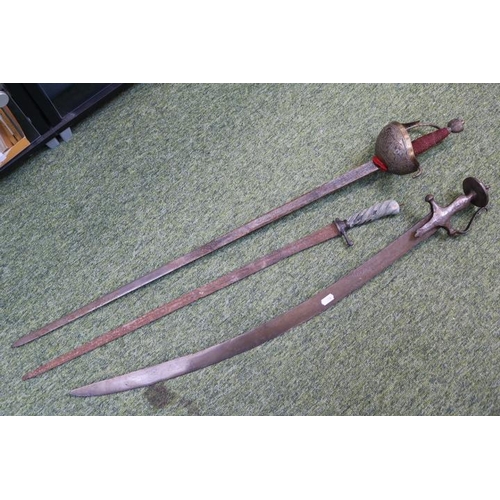 111 - Spanish Toledo type Sword, Indian Tulwar Zulfiqar type sword with curved blade and a Officers sword