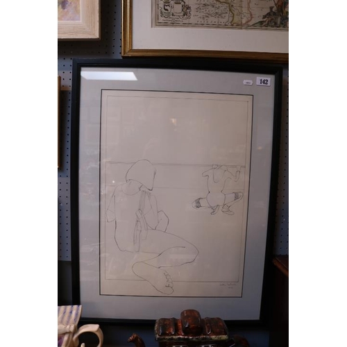 142 - Framed and Mounted Pencil sketch depicting 2 Ballerinas signed dated 1982