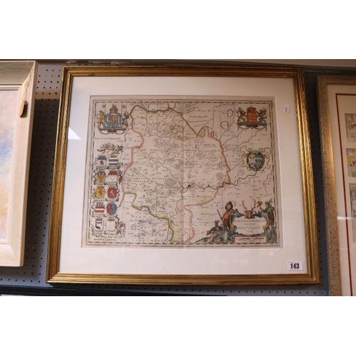 143 - Huntingtonshire Hand tinted Map by Peter Schenk mounted and framed