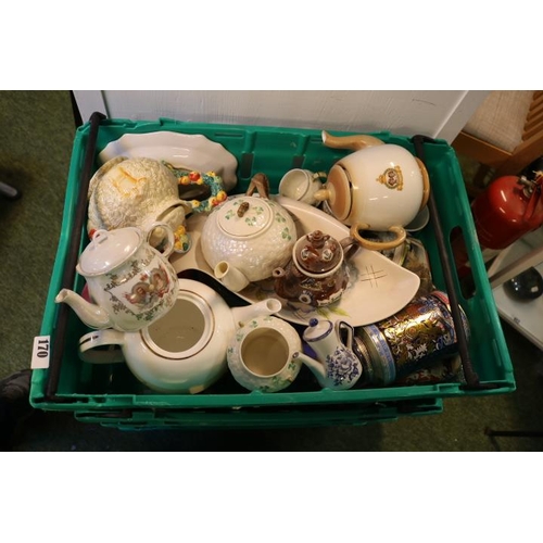 170 - 4 Boxes of assorted teapots to include Beleek, Clarice Cliff Harvest Teapot etc (Plastic Boxes not i... 