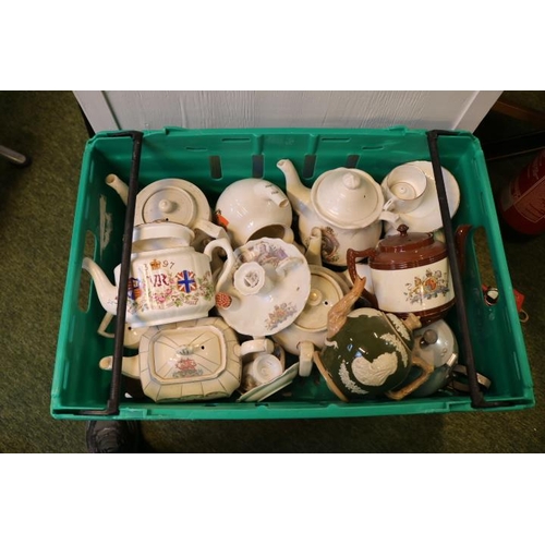 170 - 4 Boxes of assorted teapots to include Beleek, Clarice Cliff Harvest Teapot etc (Plastic Boxes not i... 