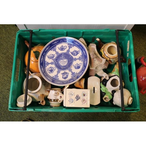 170 - 4 Boxes of assorted teapots to include Beleek, Clarice Cliff Harvest Teapot etc (Plastic Boxes not i... 