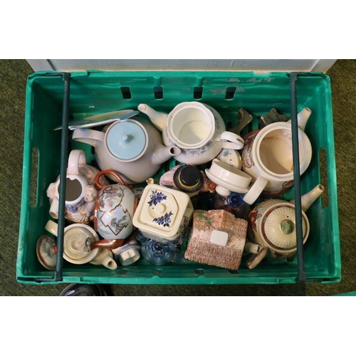 170 - 4 Boxes of assorted teapots to include Beleek, Clarice Cliff Harvest Teapot etc (Plastic Boxes not i... 