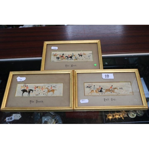 19 - Set of 3 Thomas Steven Stevengraphs framed and mounted 'The Death', The Meet and Full Cry.