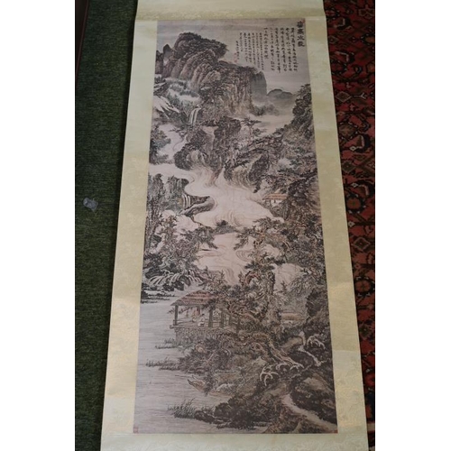 20 - Chinese Scroll depicting wisemen with character marks. 157 cm in Length