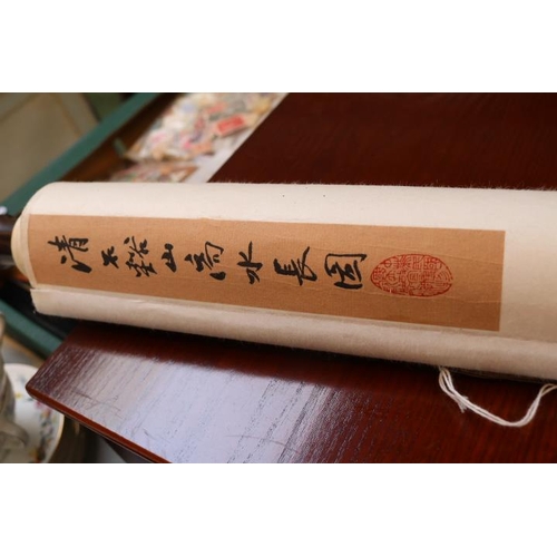 20 - Chinese Scroll depicting wisemen with character marks. 157 cm in Length