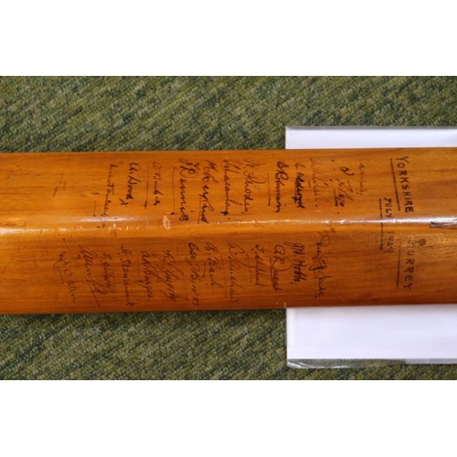 34 - Signed Cricket Bat from Yorkshire v Surrey Championship 3 day cricket match July 1929 No.6 with sign... 