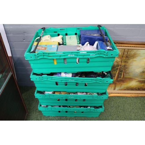 46 - 4 Boxes of Novelty Teapots to include Wade, Cauldon, Beleek etc (Green Crates not included)