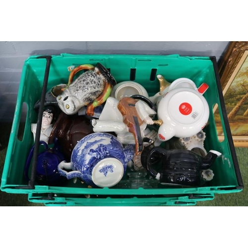 46 - 4 Boxes of Novelty Teapots to include Wade, Cauldon, Beleek etc (Green Crates not included)