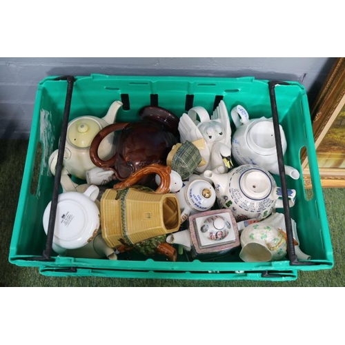 46 - 4 Boxes of Novelty Teapots to include Wade, Cauldon, Beleek etc (Green Crates not included)