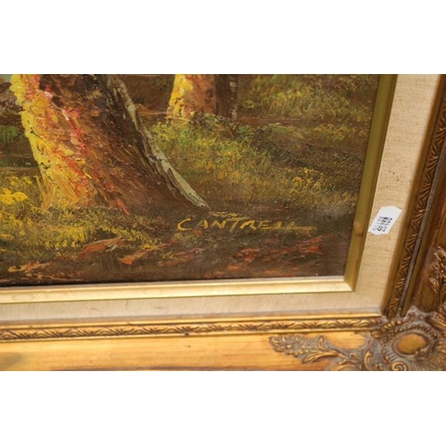 47 - Gilt Framed Oil on canvas of a Woodland river scene signed Cantrell