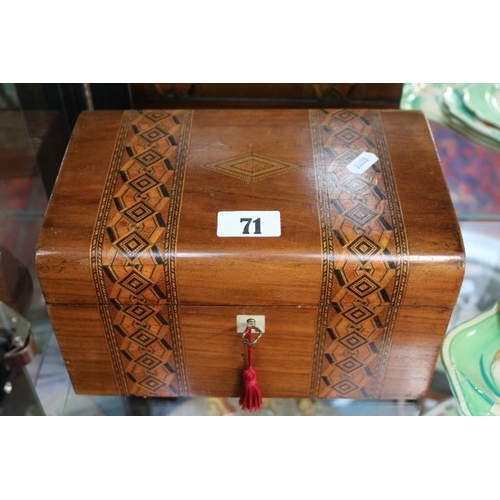 71 - Good quality Walnut domed sewing box with inlaid decoration with tray. 25cm in Width