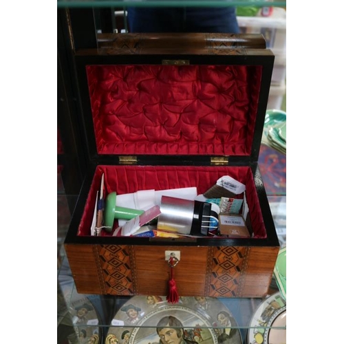 71 - Good quality Walnut domed sewing box with inlaid decoration with tray. 25cm in Width