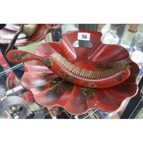 86 - Edwardian Chinoiserie Red Lacquered Scallop Brush and scoop