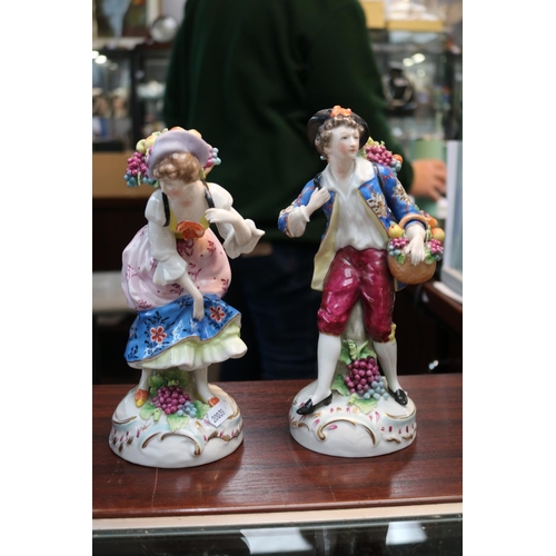 409 - Pair of 19thC Sitzendorf Fruit Seller figures with blue mark to base. 23cm in Height