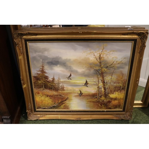 159 - Large Gilt Framed Oil on canvas of Ducks in Flight against woodland river scene