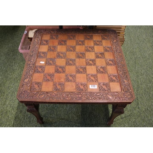 172 - Asian Carved bird decorated chess table on carved legs