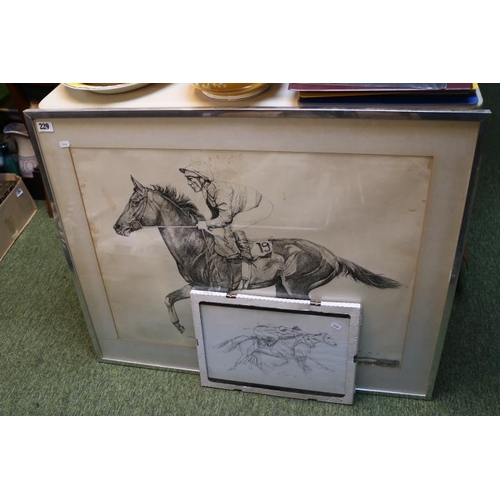 229 - Framed print of Lester Piggott by N J Dyal and a Framed Pencil sketch of Horse Racing signed and dat... 