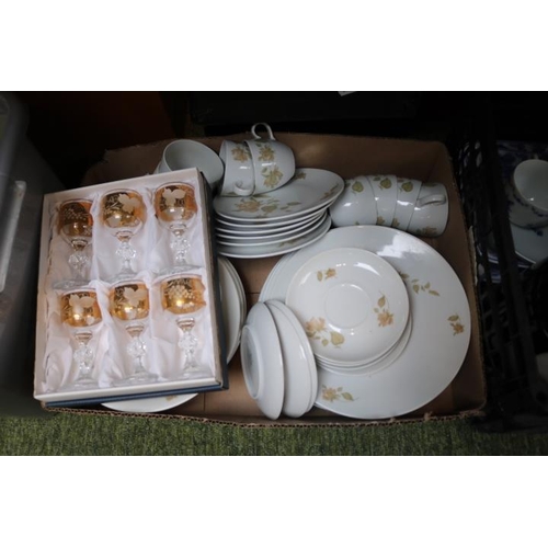 259 - 2 Boxes of ceramics to include Capodimonte figure, Caviar Jar, Mdina glass, Kahla German floral deco... 