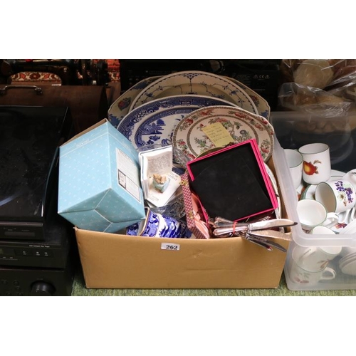 262 - Box of assorted Ceramics and glassware and bygones to include Willow Pattern, Pronto Camera etc.