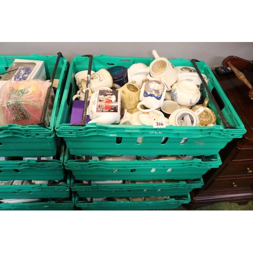 316 - 4 Crates of Novelty Teapots, mostly Royal Commemorative (Crates not included)