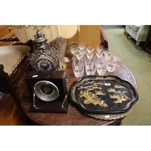 361 - Ornate White metal mantel clock, Bulova World Time clock, Worcester Ware tray and a Persian Salver