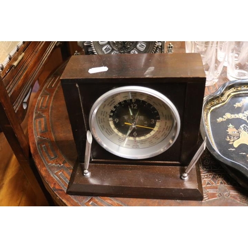 361 - Ornate White metal mantel clock, Bulova World Time clock, Worcester Ware tray and a Persian Salver