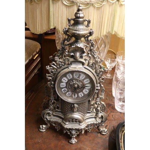 361 - Ornate White metal mantel clock, Bulova World Time clock, Worcester Ware tray and a Persian Salver