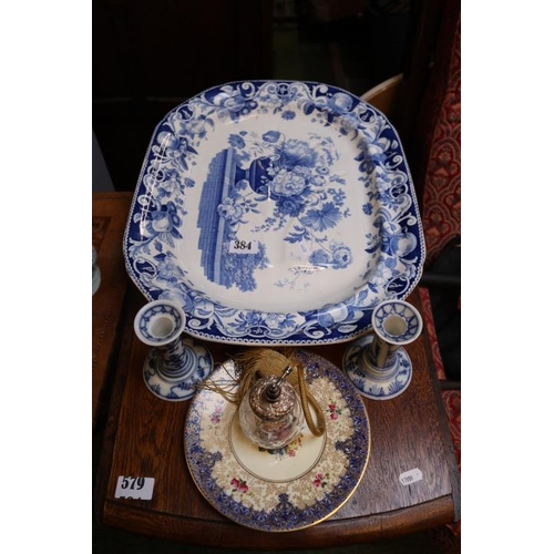 384 - Silver topped Atomiser, Royal Worcester Dorchester hotel plate, Pair of Blue and White Candlesticks ... 